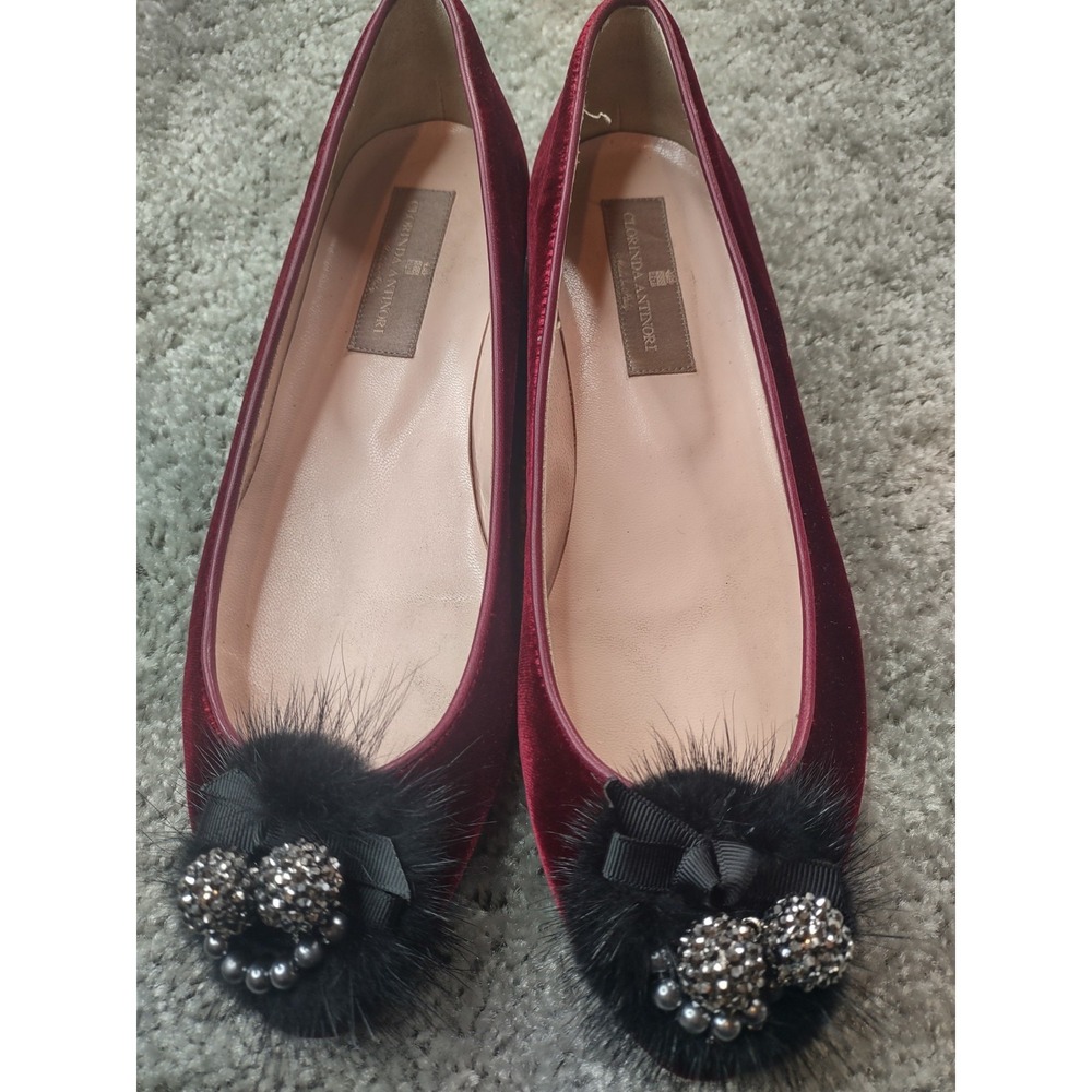 Clorinda Antinori Made In Italy Maroon‎ Black Pom Flats Size 38 US Size 7.5